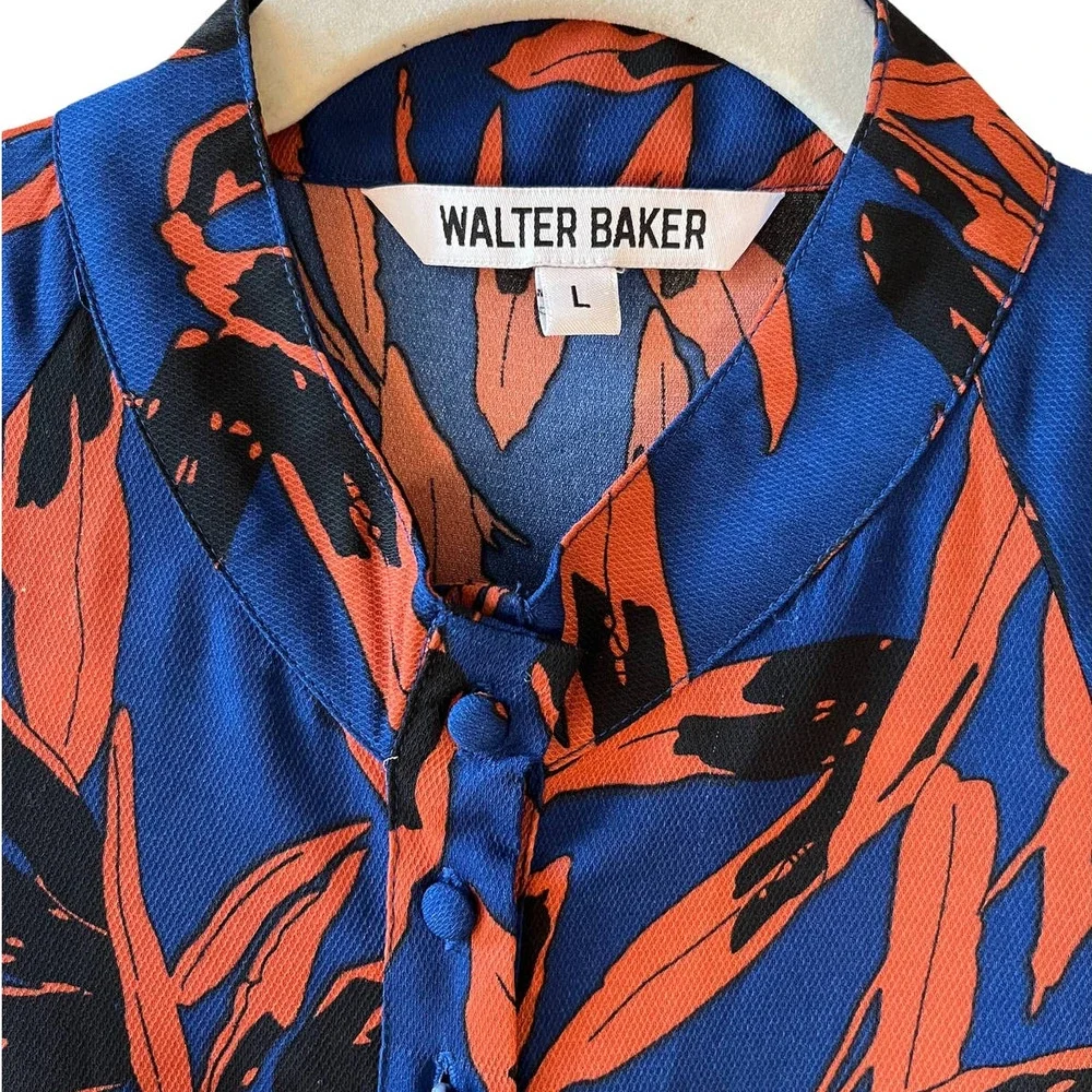 Walter Baker Large Ruffled Button Down High Collar Dress Orange Leaf Pattern